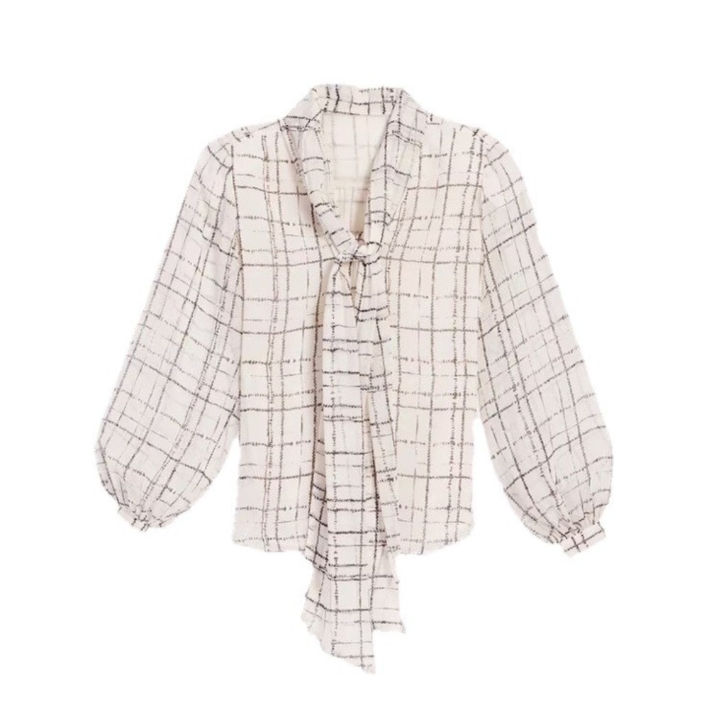 Chicos Ivory Black Plaid Semi Sheer Button Up Blouse Bow Tie Neck Size 4 U.S 20